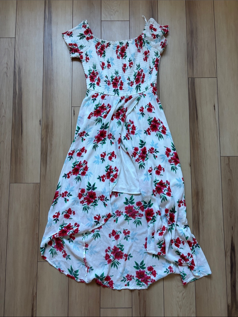Hollister White High-Low Dress with Red Floral Print
